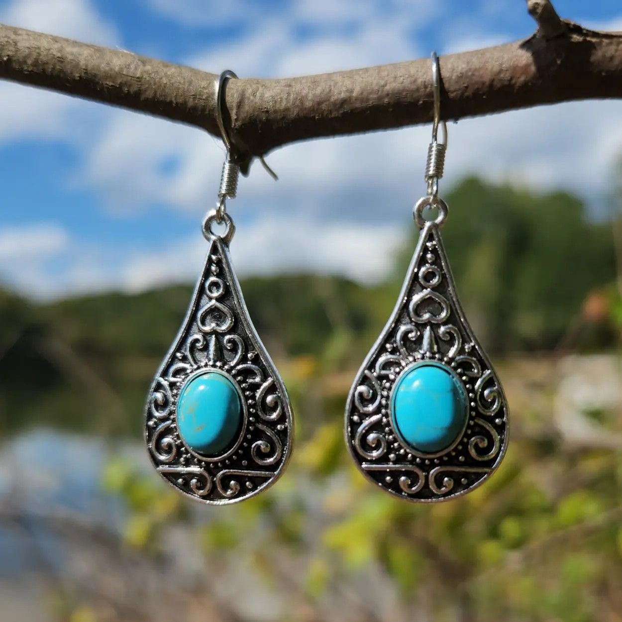 Jewelry Blue Turquoise Dangle Earrings – Handmade Boho Silver Drop Size ONE SIZE - 3 Thumbnail