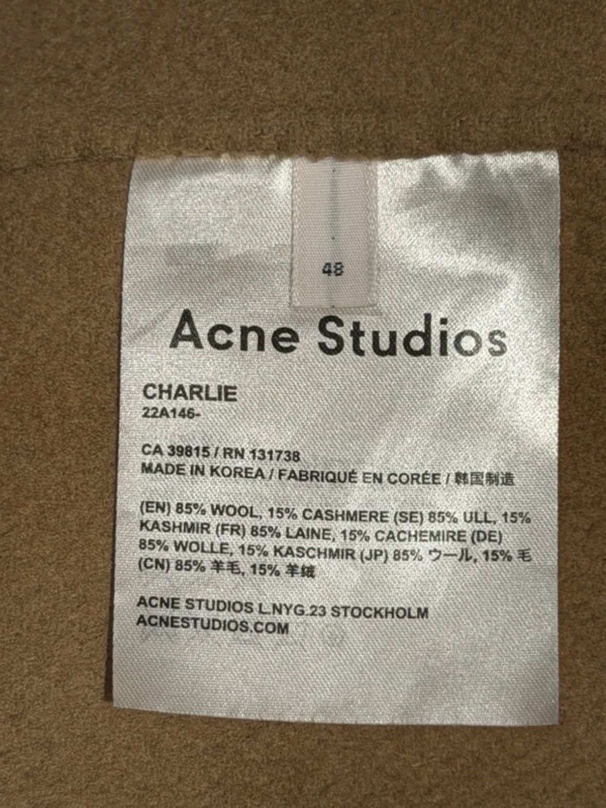 Acne Studios CHARLIE LIGHTER WEIGHT WOOL/CASHMERE COAT Size US M / EU 48-50 / 2 - 4 Thumbnail