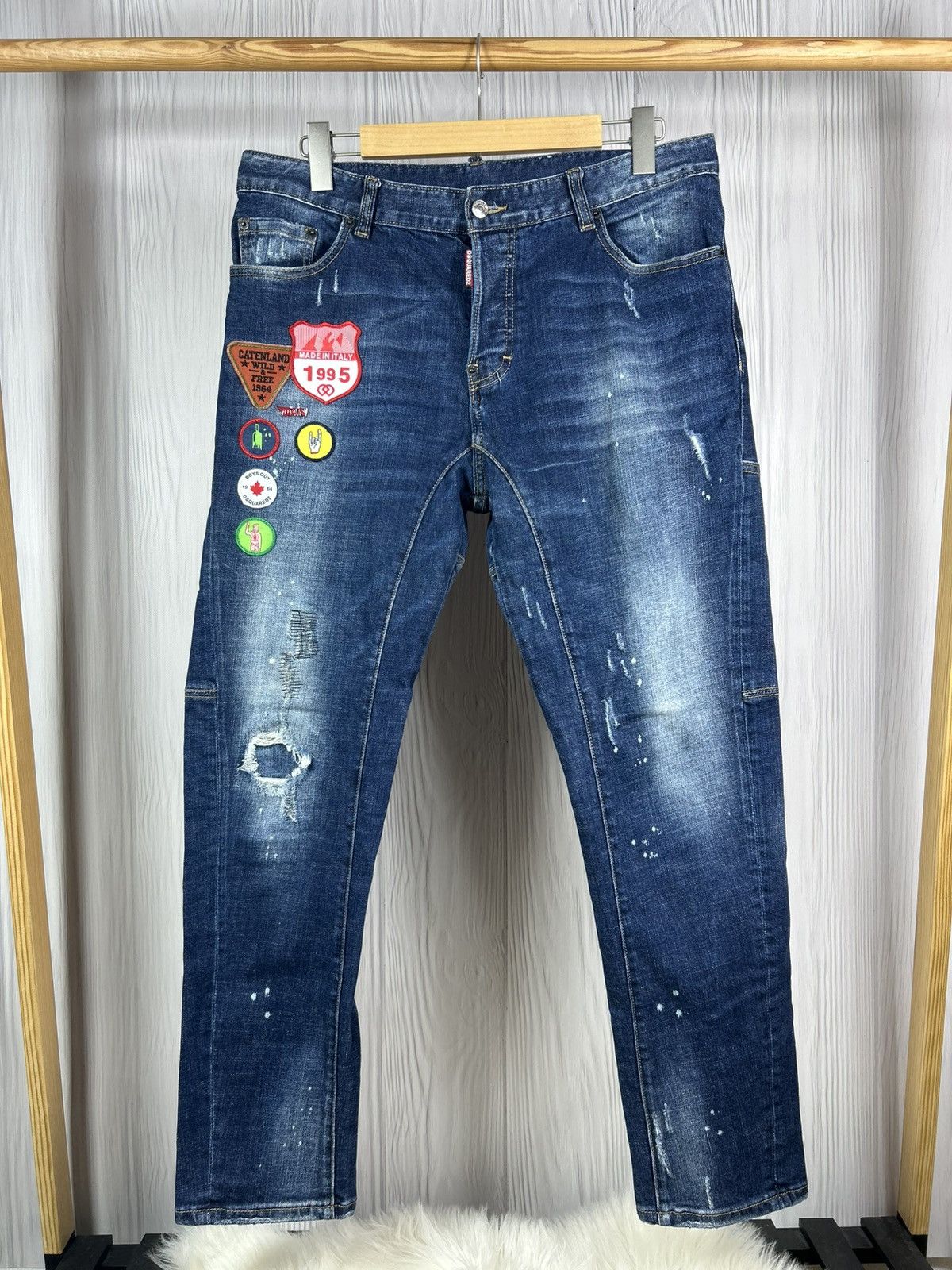 Dsquared 2 Slim Jean Patches Distressed Splatter Denim Pants