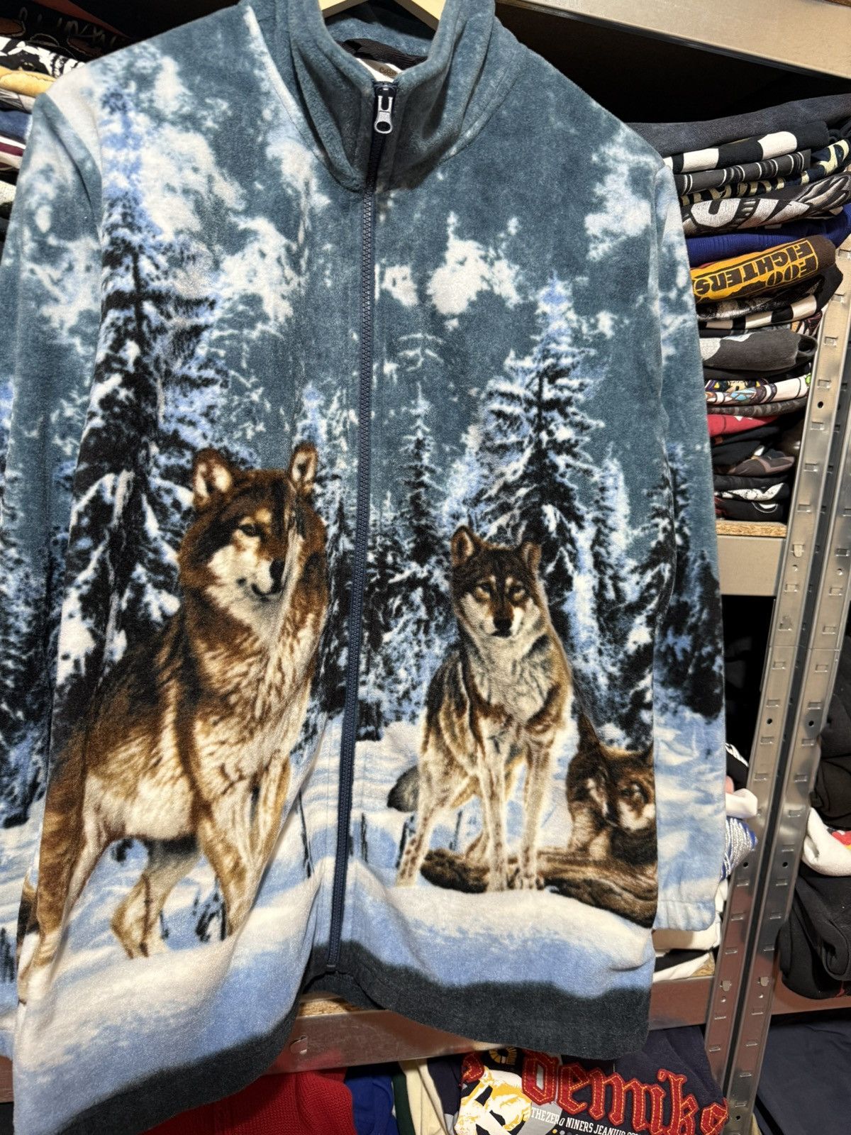 Vintage 1990s Cotton Traders Wolf Print Zip Fleece Pullover Y2K Hype Size US XL / EU 56 / 4 - 4 Thumbnail
