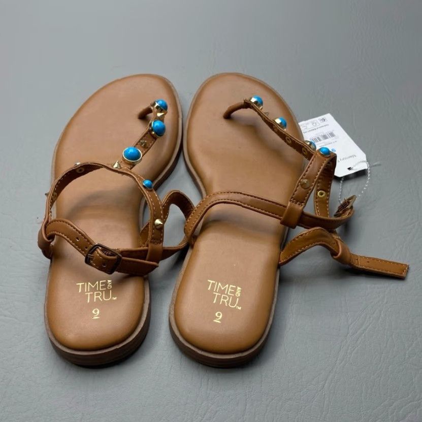 Vintage Time And Tru Sandals Sz 9 Jeweled T-Strap Faux Turquoise Stones Studs Brown Size US 9 / IT 39 - 3 Thumbnail