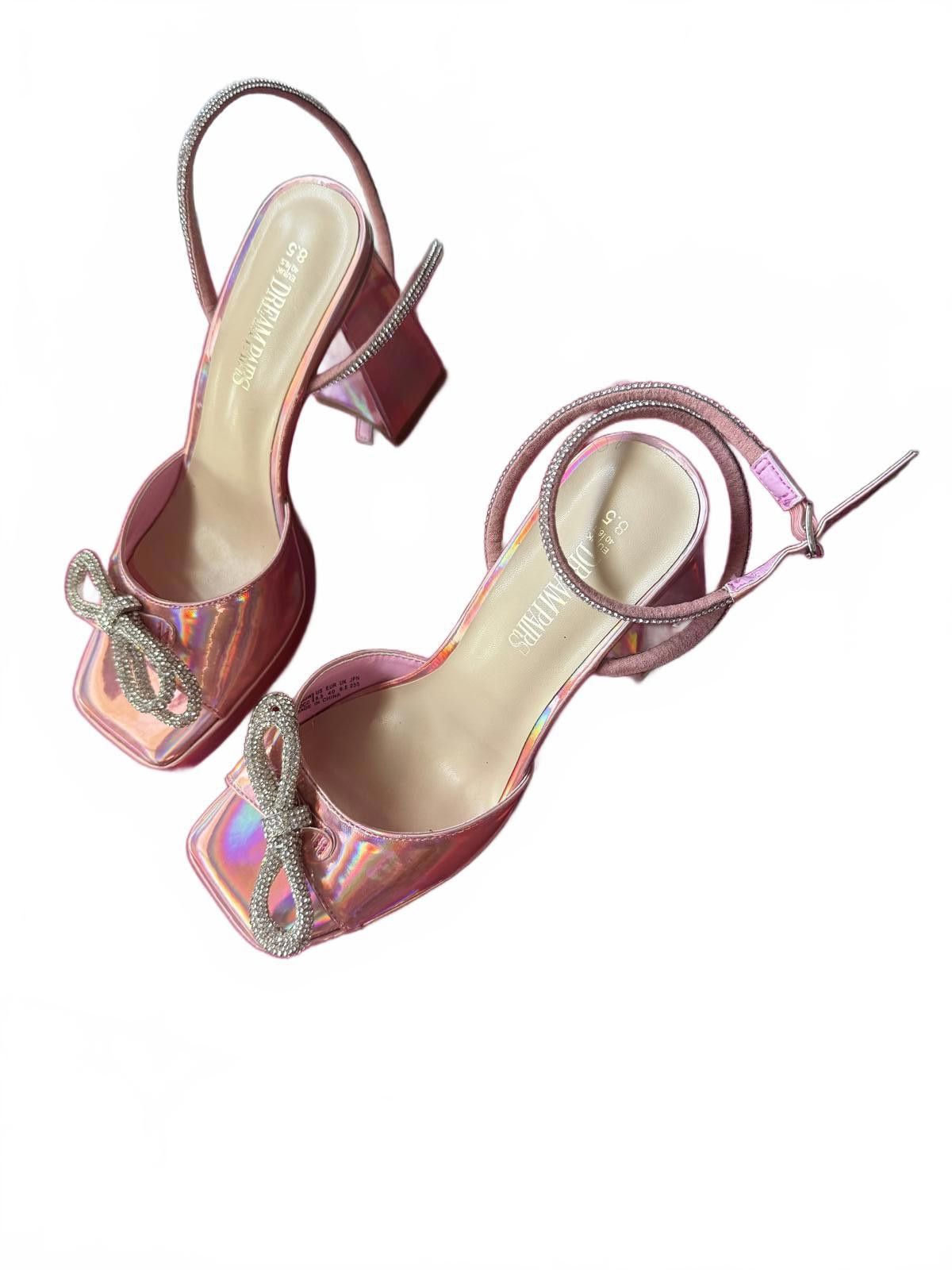 Designer Strappy Pink Holographic Heels with Bow Size US 8.5 / IT 38.5 - 4 Thumbnail