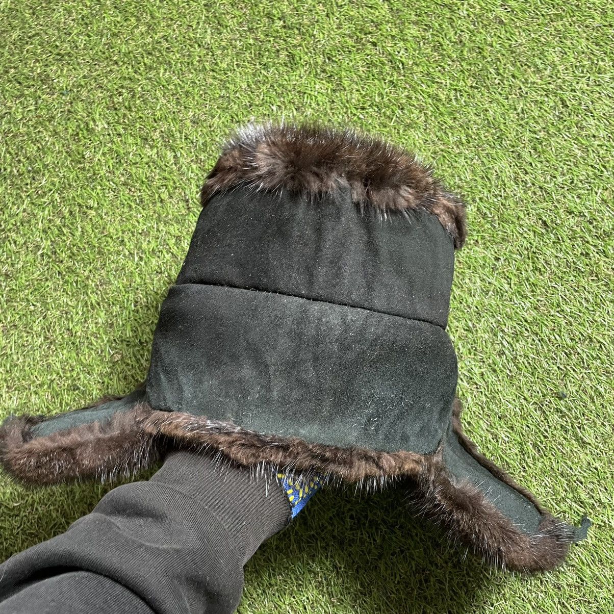 Vintage Vintage 90s Dark Green Suede Fur Trapper Hat Brutalist OS Size ONE SIZE - 2 Thumbnail