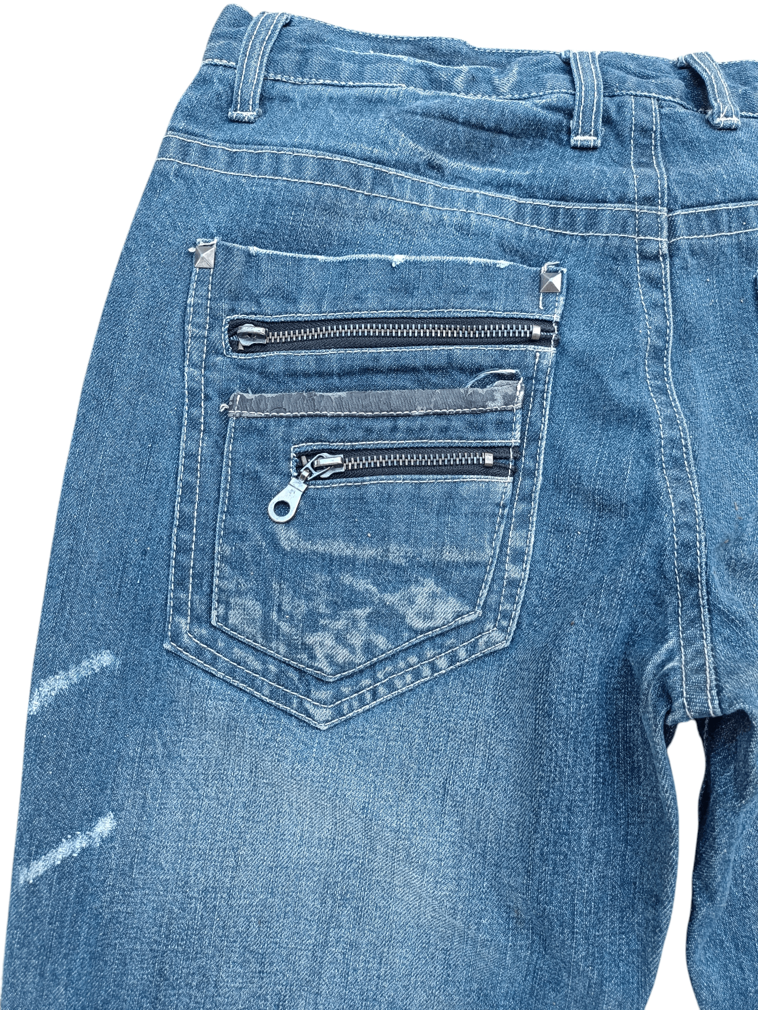 Japanese Brand NYLAUS JEANS DISTRESSED WHISKERS FADED STUD DENIM Size US 31 - 18 Thumbnail