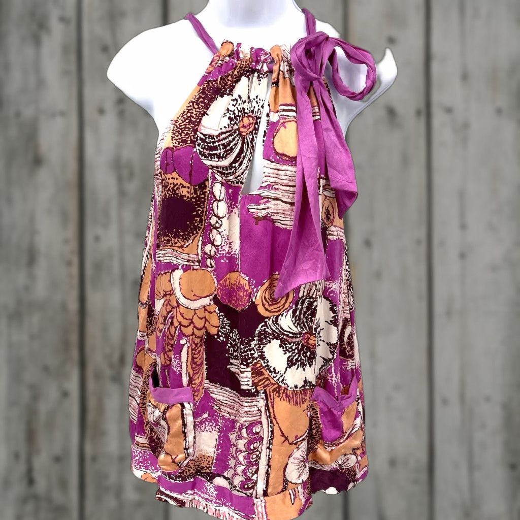 Vintage Hale Bob Silk Blouse Top Women XS Pink Floral Sleeveless Halter Tie Bohemian Retro Pockets Size XS / US 0-2 / IT 36-38 - 1 Thumbnail