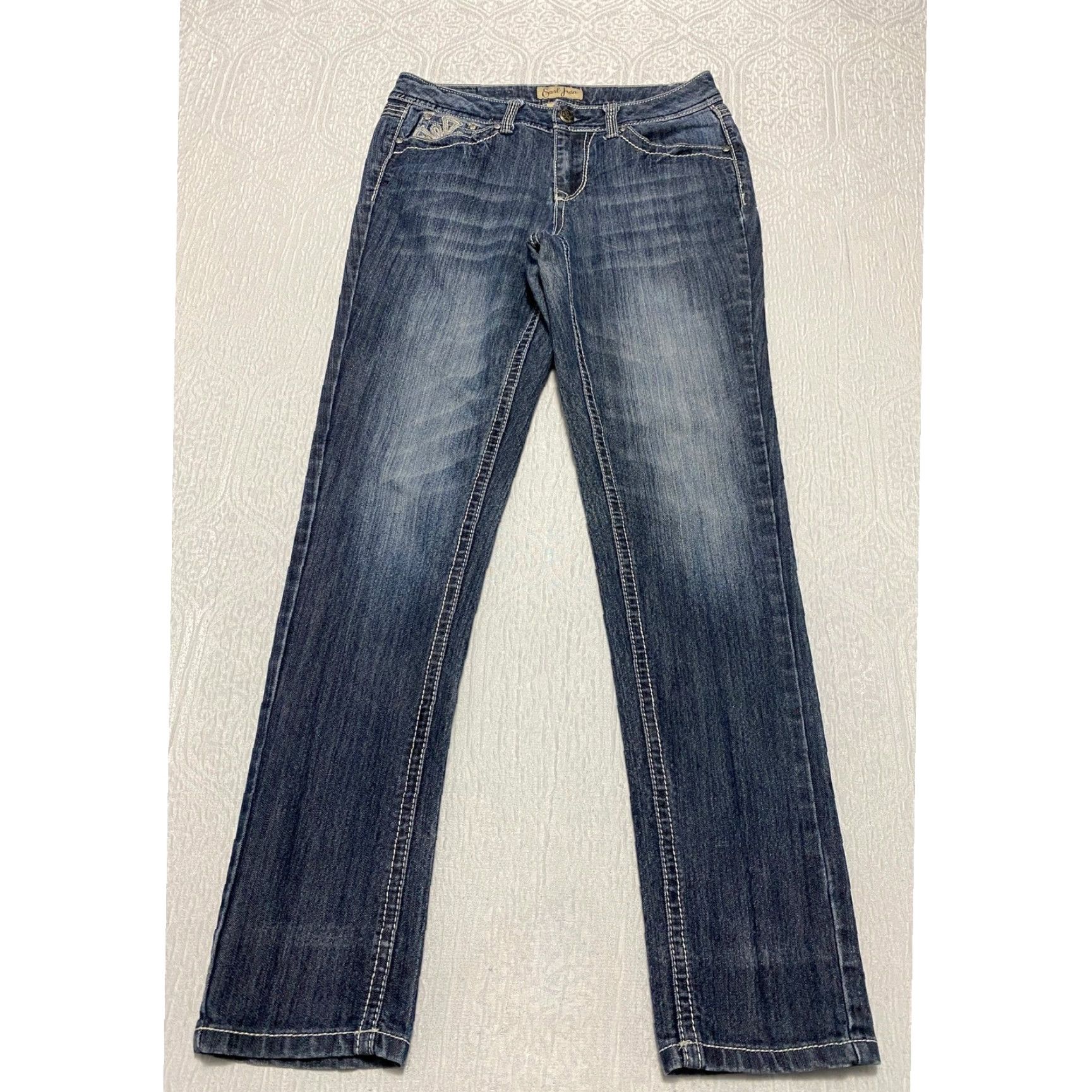 Vintage Earl Jean Jeans Bootcut Women's 4 Blue Embroidered Rhinestone Pockets Slim Stretch Distressed 5-Pocket Denim Mid Rise Inseam 30 Size 27" / US 4 / IT 40 - 3 Thumbnail