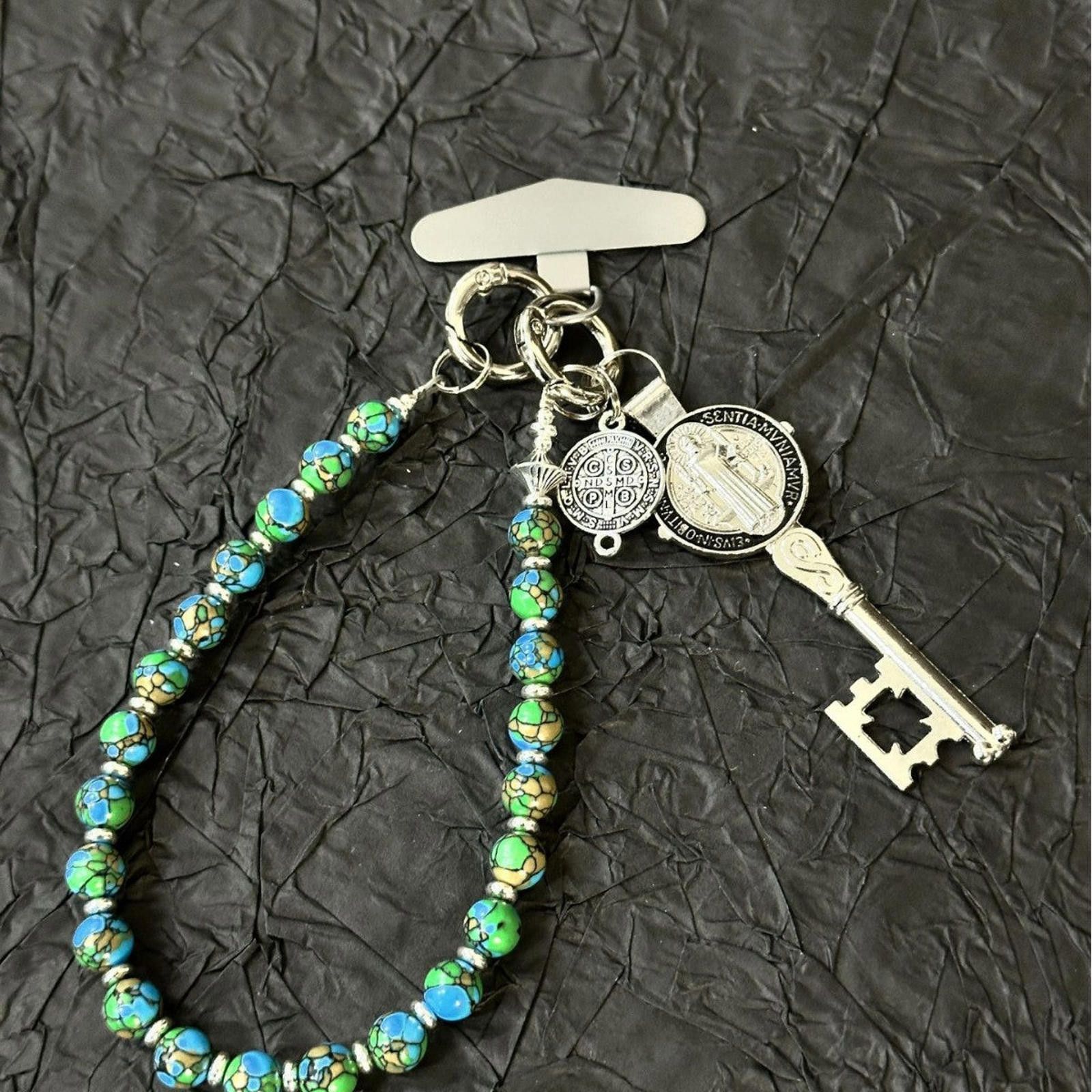 Jewelry Blue Green Beaded Phone Charm, Decorative Keychain Beads Size ONE SIZE - 4 Thumbnail