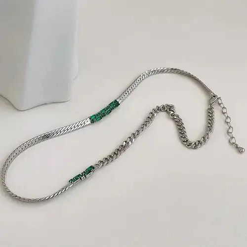 Jewelry Green Stone Chrome Chain Silver Goth God Vibe Necklace Size ONE SIZE - 1 Thumbnail
