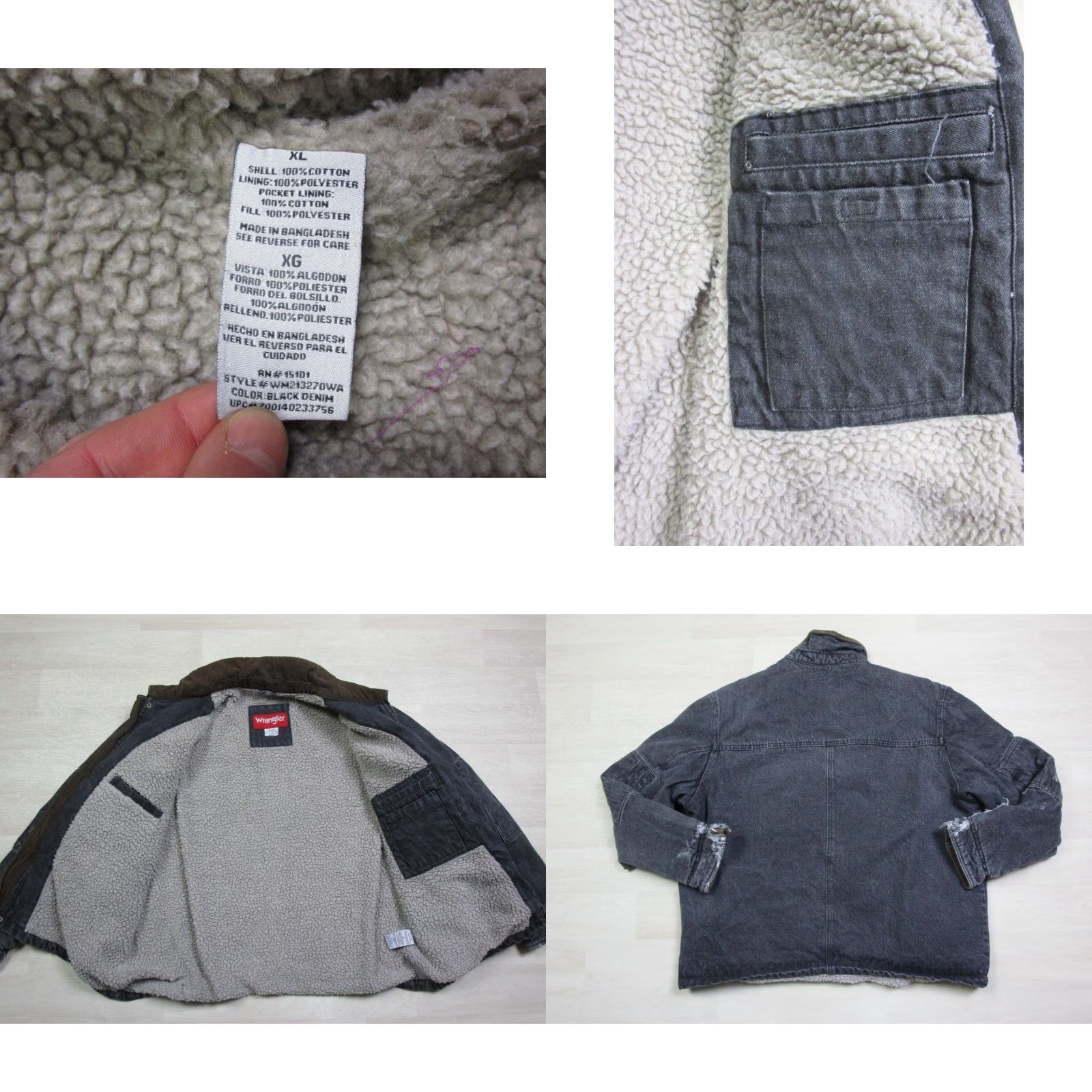 Wrangler Western Denim Black Jean Jacket Bomber Jacket Lined Sherpa Double Elbow Men’s XL Size
