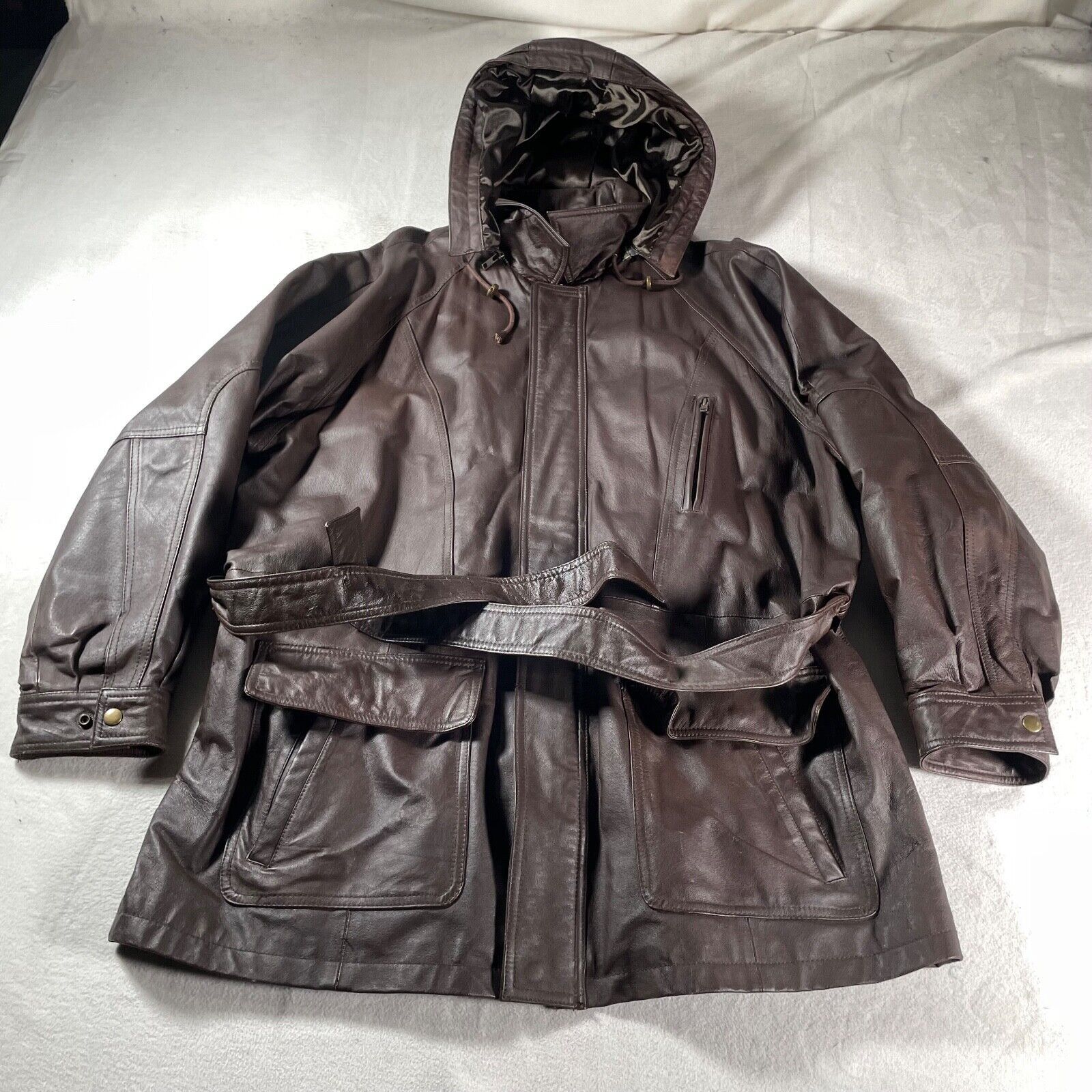 image of Vintage Wilsons Leather Jacket Extra Large Brown Hooded Belted Moto Biker Coat Pockets in White (Si