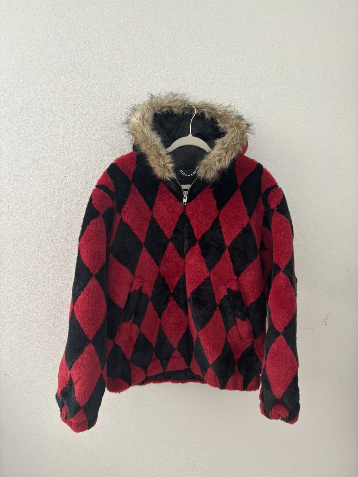 image of Supreme Faux Fur Diamonds Jacket in Red, Men's (Size Large)