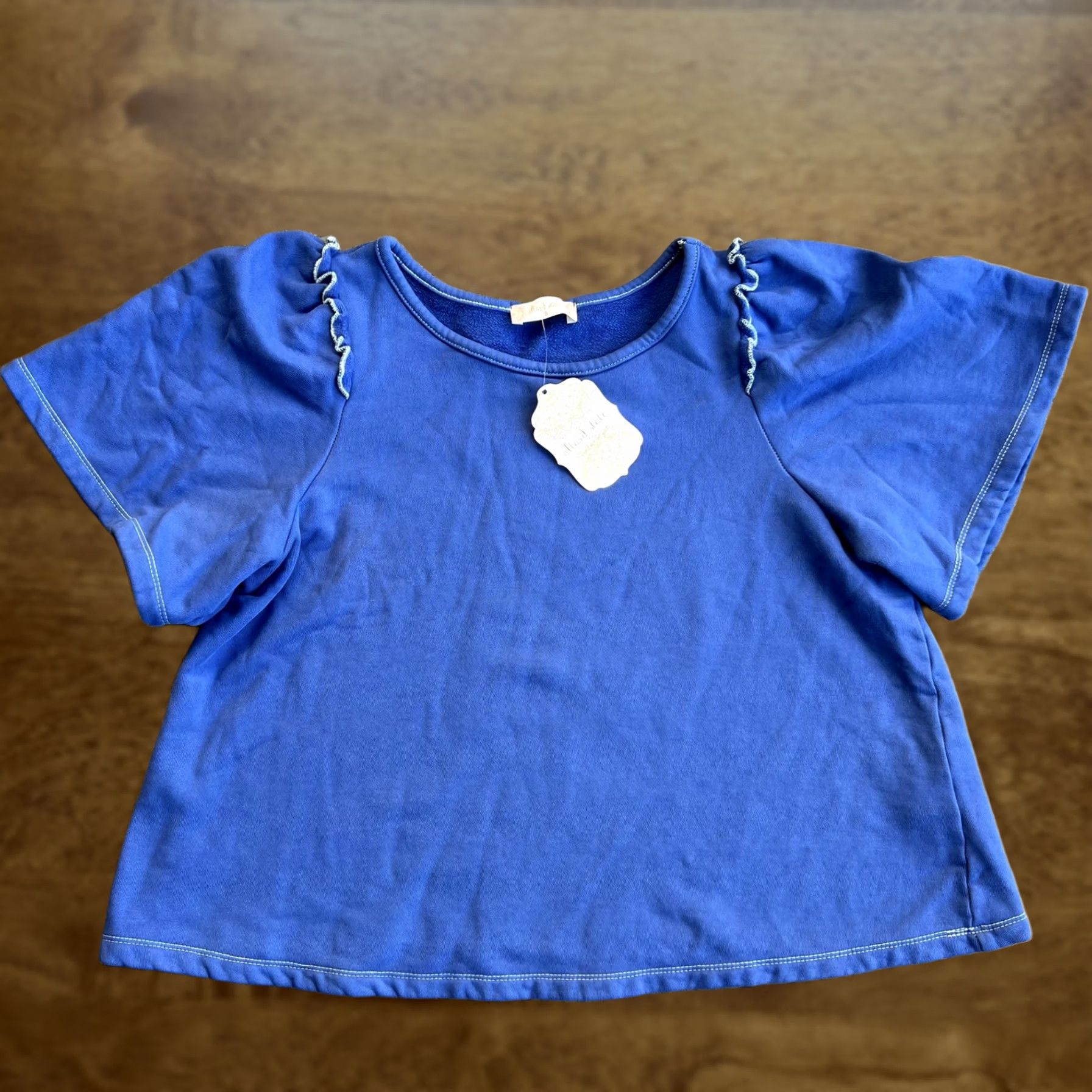 Vintage Altar'd State Shirt Womens Small Blue Cobalt Ruffle Sleeve Terry Knit Cotton Size S / US 4 / IT 40 - 1 Thumbnail