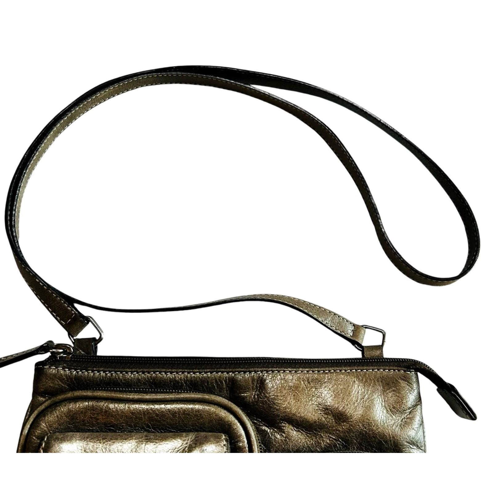 Fossil Fossil Kinley Crossbody Crossbody Purse Shoulder Handbag Women’s Gray Metallic Leather Pebbled Zip Adjustable Strap Womens Small Vintage? Size ONE SIZE - 5 Thumbnail