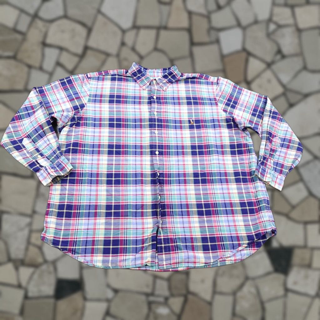 Ralph Lauren VINTAGE Ralph Lauren Shirt Mens 2XL Big & Tall Plaid Oxford Button-Down Pony Logo Blue Pink, Long Sleeve, Cotton, 2XLB, Button Up Mens Size US XXL / EU 58 / 5 - 1 Thumbnail