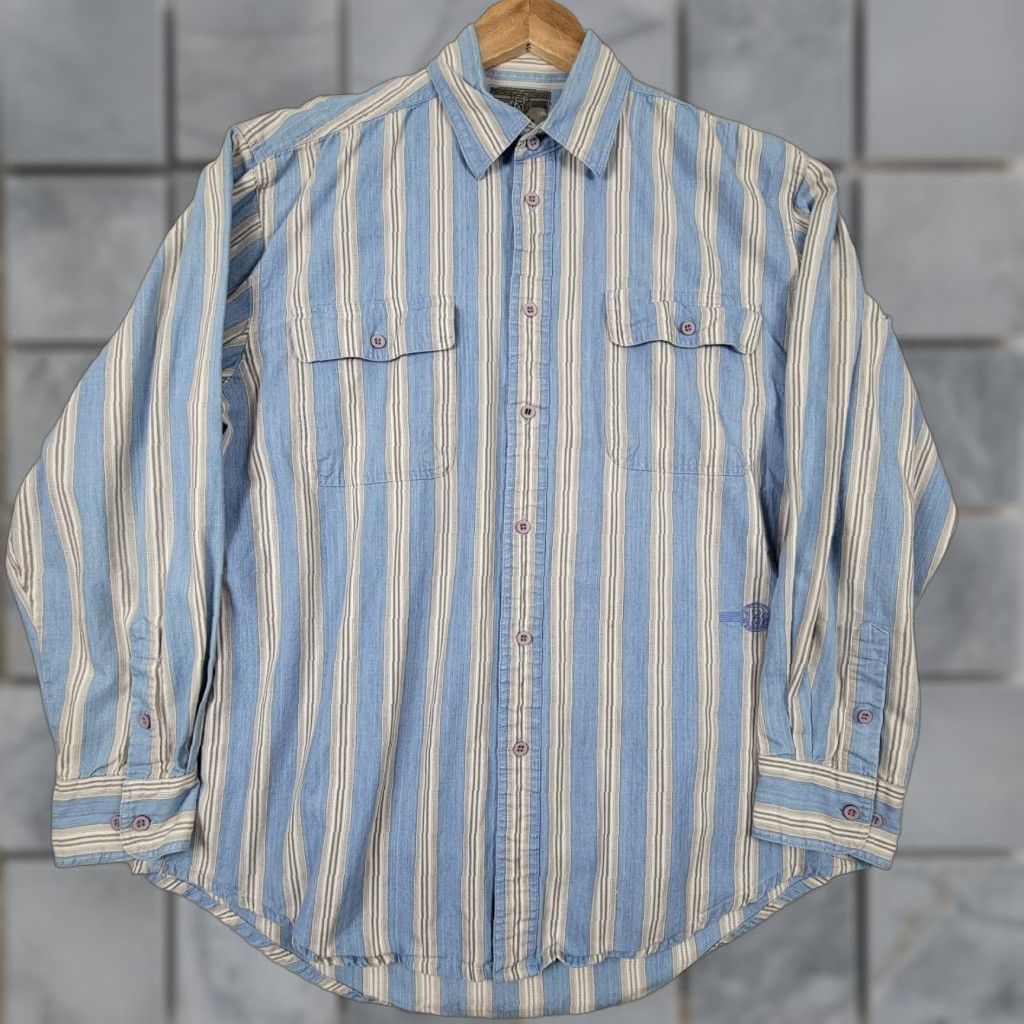 Wrangler Wrangler Shirt Mens Blue White Striped Long Sleeve Button Down Collared Large Casual Cowboy Pockets Size US L / EU 52-54 / 3 - 1 Thumbnail