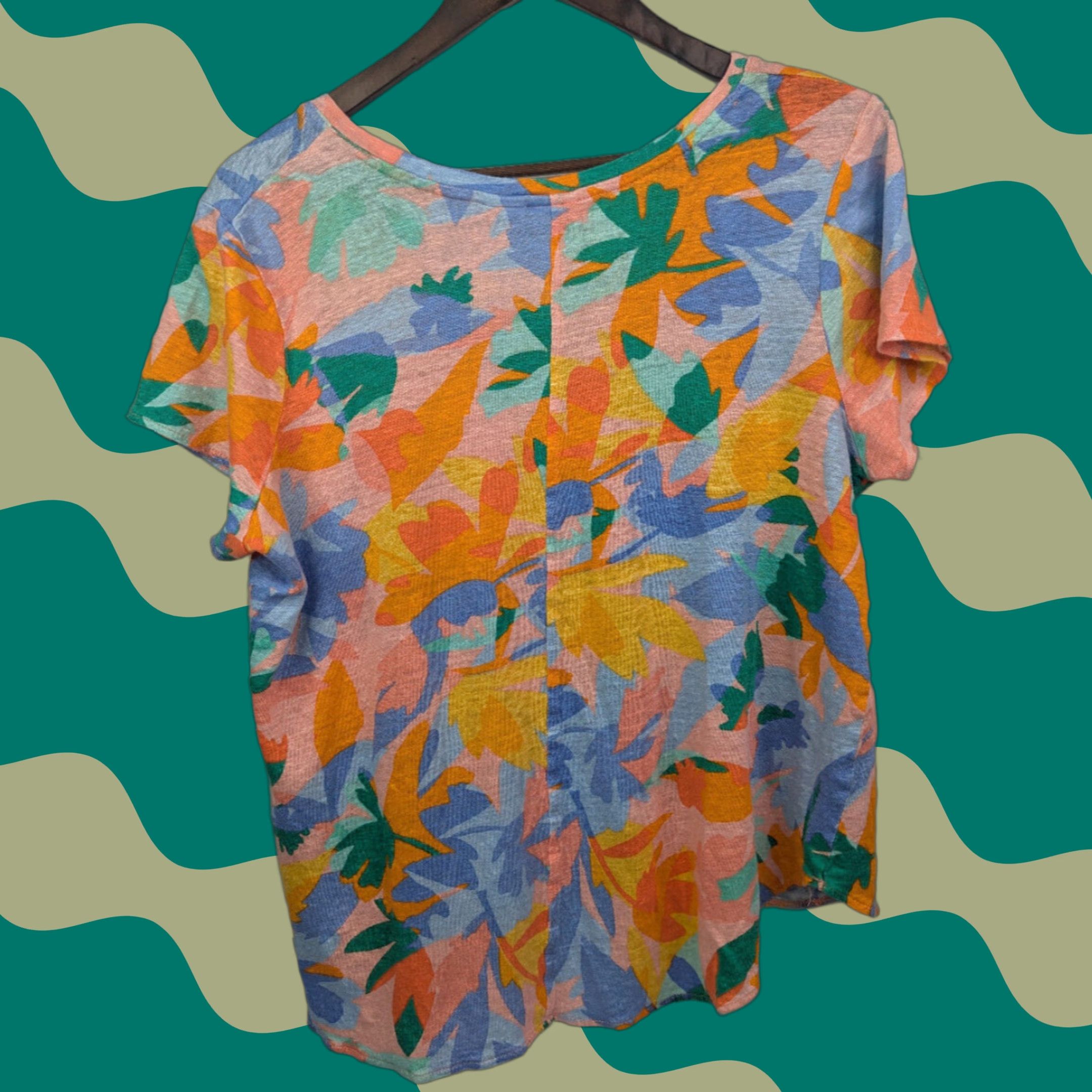 Joie Joie Womens 1X Blouse Short Sleeve V-Neck Floral Linen Blue Casual Summer 100% Linen Size XL / US 12-14 / IT 48-50 - 1 Thumbnail