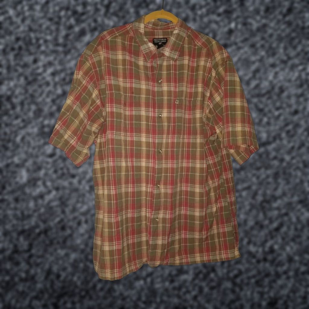 Polo Ralph Lauren VINTAGE Polo Jeans Co. Mens Button Down Plaid Short Sleeve Shirt L Polo Ralph Lauren Shirt Mens Plaid Short Sleeve Button-Up Red 90s Mens Size US L / EU 52-54 / 3 - 1 Thumbnail