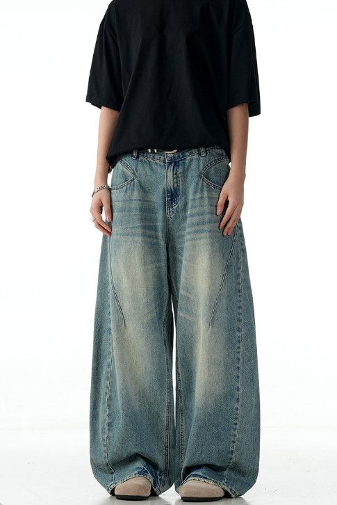Vintage Retro blue men's loose washed distressed scimitar jeans Size US 32 / EU 48 - 3 Thumbnail