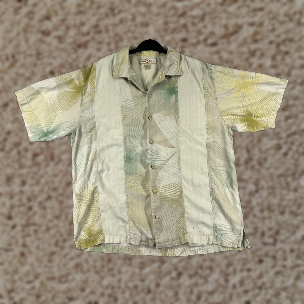 Tommy Bahama Shirt Mens Large Beige Floral Hawaiian Silk Button-Up Shirt