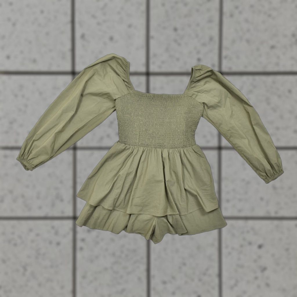 Express Express Shirt Womens M Olive Green Smocked Puff Sleeve Peplum Top Cotton Blend Size M / US 6-8 / IT 42-44 - 1 Thumbnail
