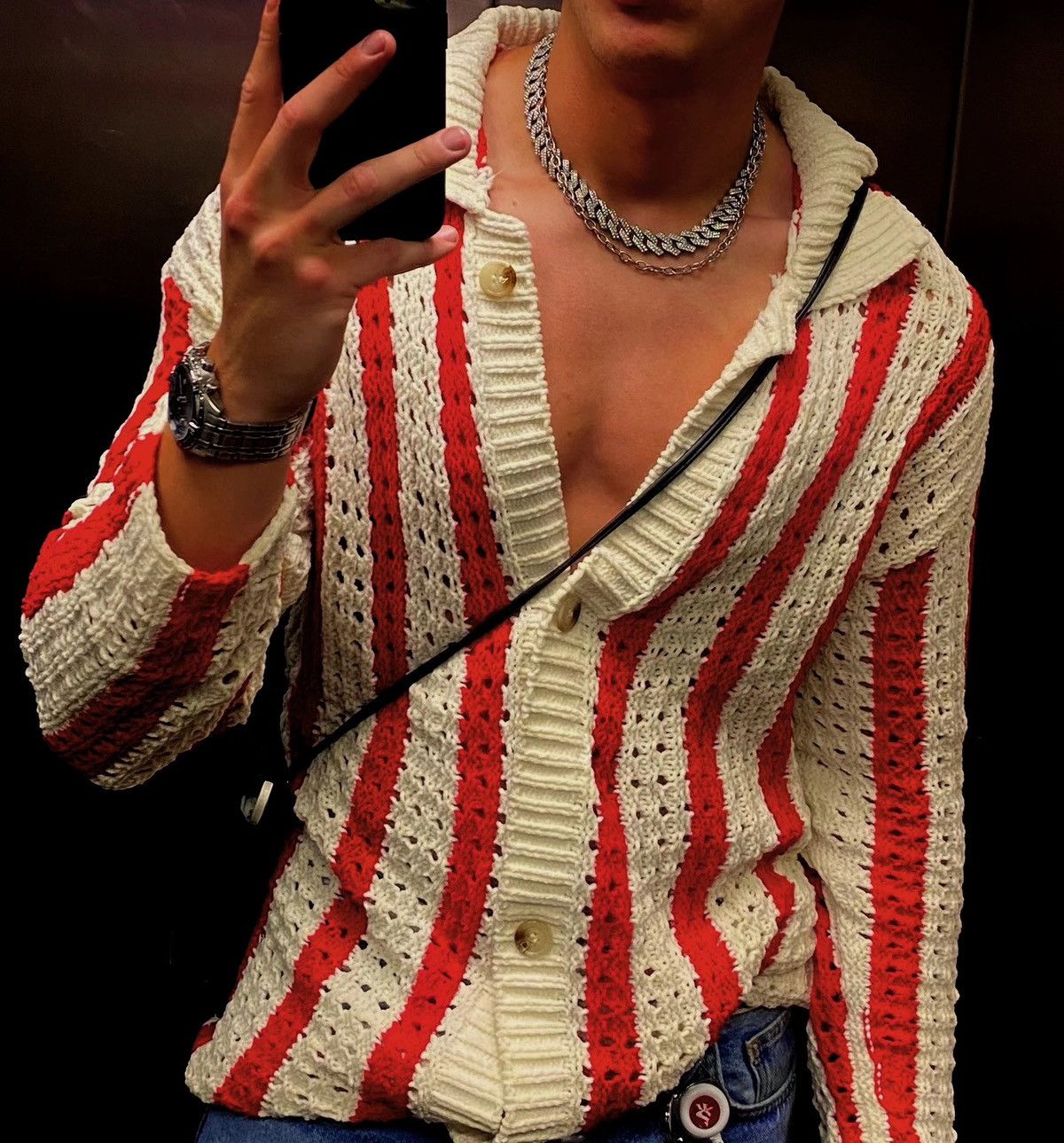 Japanese Brand × Vintage Knit Striped Jacquard Cardigan y2k 90’s retro style Size US L / EU 52-54 / 3 - 6 Thumbnail
