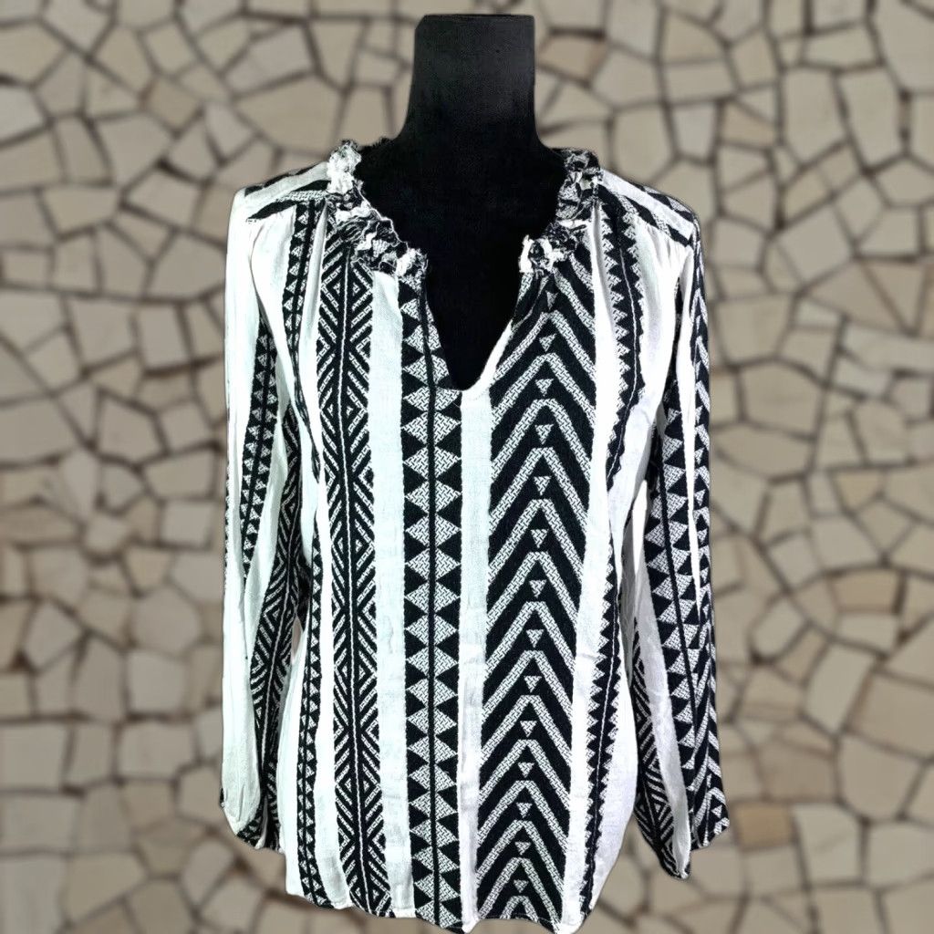Dylan Women’s Cotton Blouse Size L Long Sleeve Geometric Fringe V-Neck Casual Fall Winter Spring