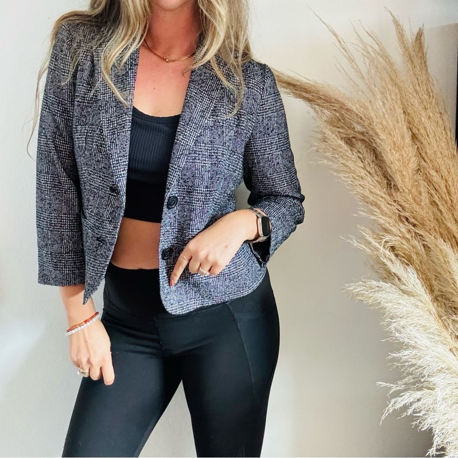 Michael Kors MICHAEL KORS Black White Button 3/4 Crop $198 Blazer Jacket Size S / US 4 / IT 40 - 10 Thumbnail