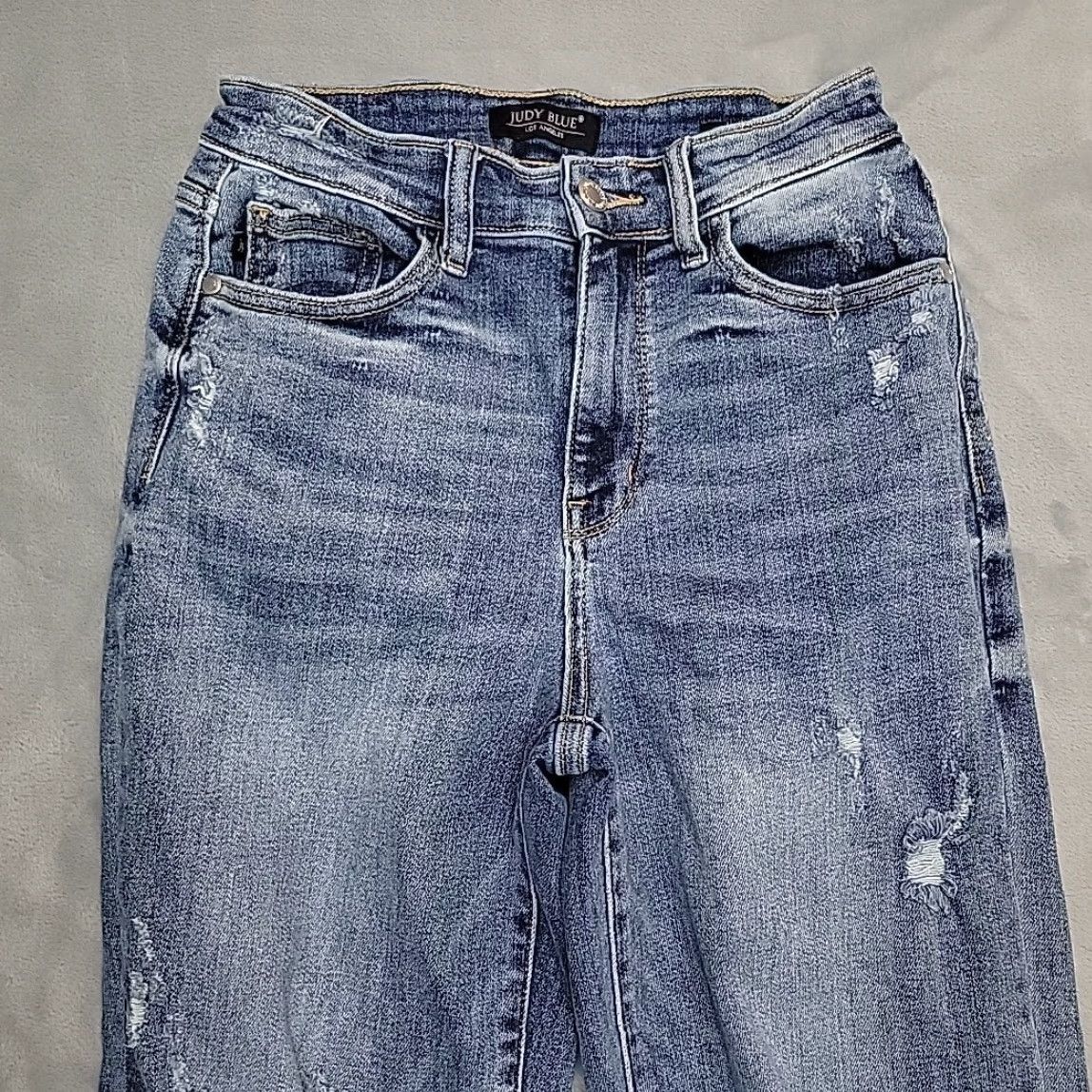 Vintage Judy Blue Jeans Women 26 Distressed Whiskered Faded Stretch Wide Cropped Capri 3/26 24Inseam 26X24 Blue Denim 5-Pocket Womens Jeans Size 26" / US 2 / IT 38 - 3 Thumbnail