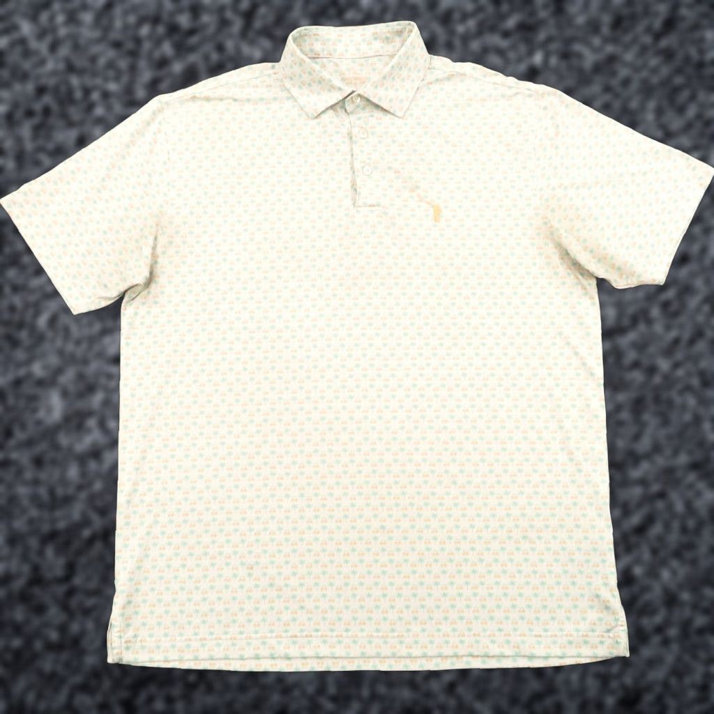 Rhoback Polo Mens Large Graphic Print Palm Florida All Over Print Golf Shirt NLU White Short Sleeve Polo features: Dogs Beach Palm Florida