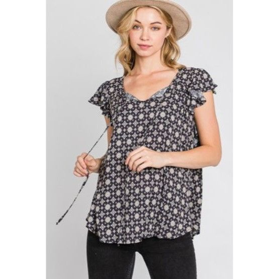 Other Jade By Jane Women's Navy & White Boho Floral Ruffle Sleeve Size L / US 10 / IT 46 - 3 Thumbnail
