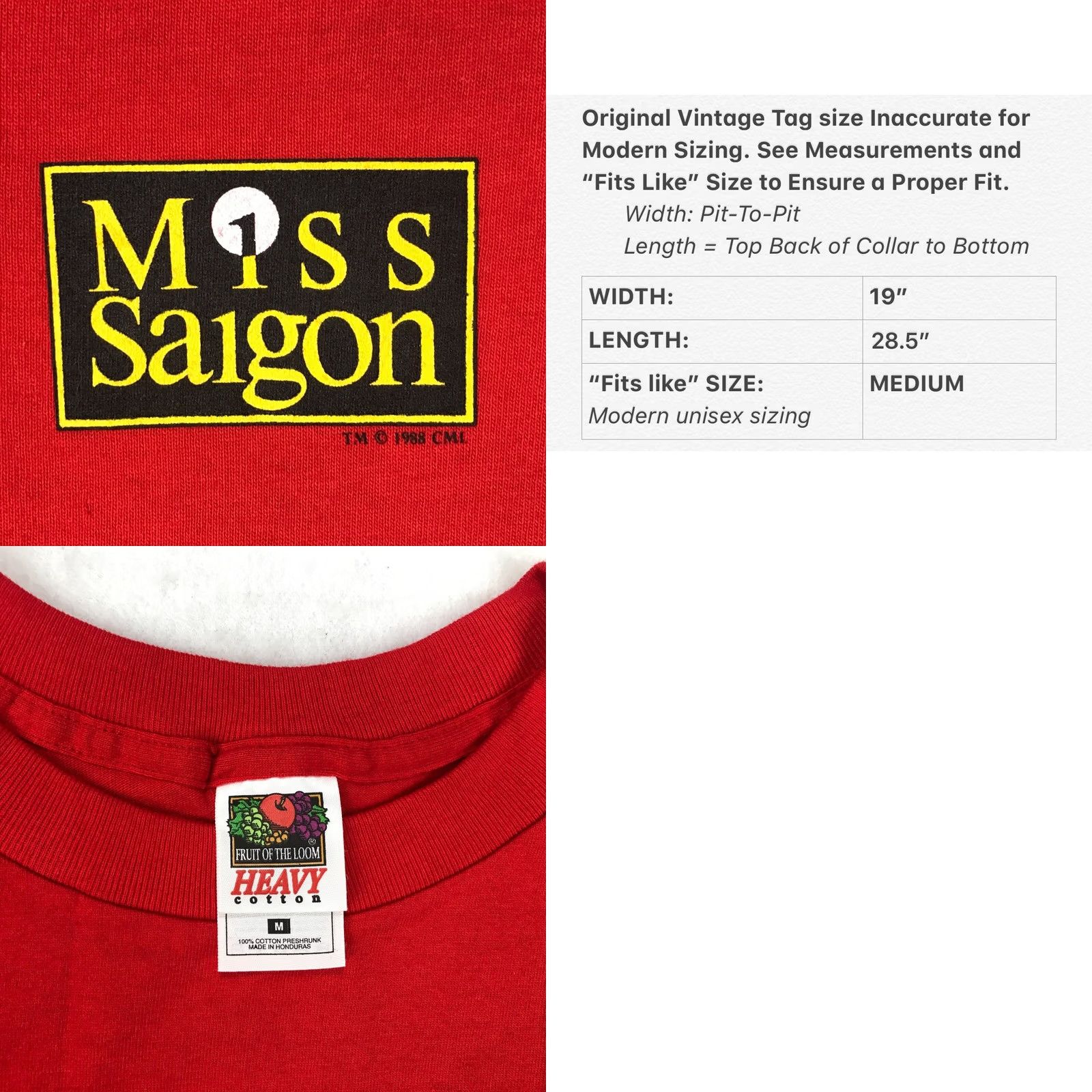 Fruit Of The Loom VINTAGE MISS SAIGON BROADWAY MUSICAL T-Shirt MEDIUM Men Red 90s Music Rock Double-Sided NOS 1990s Fruit of the Loom Size US M / EU 48-50 / 2 - 8 Thumbnail