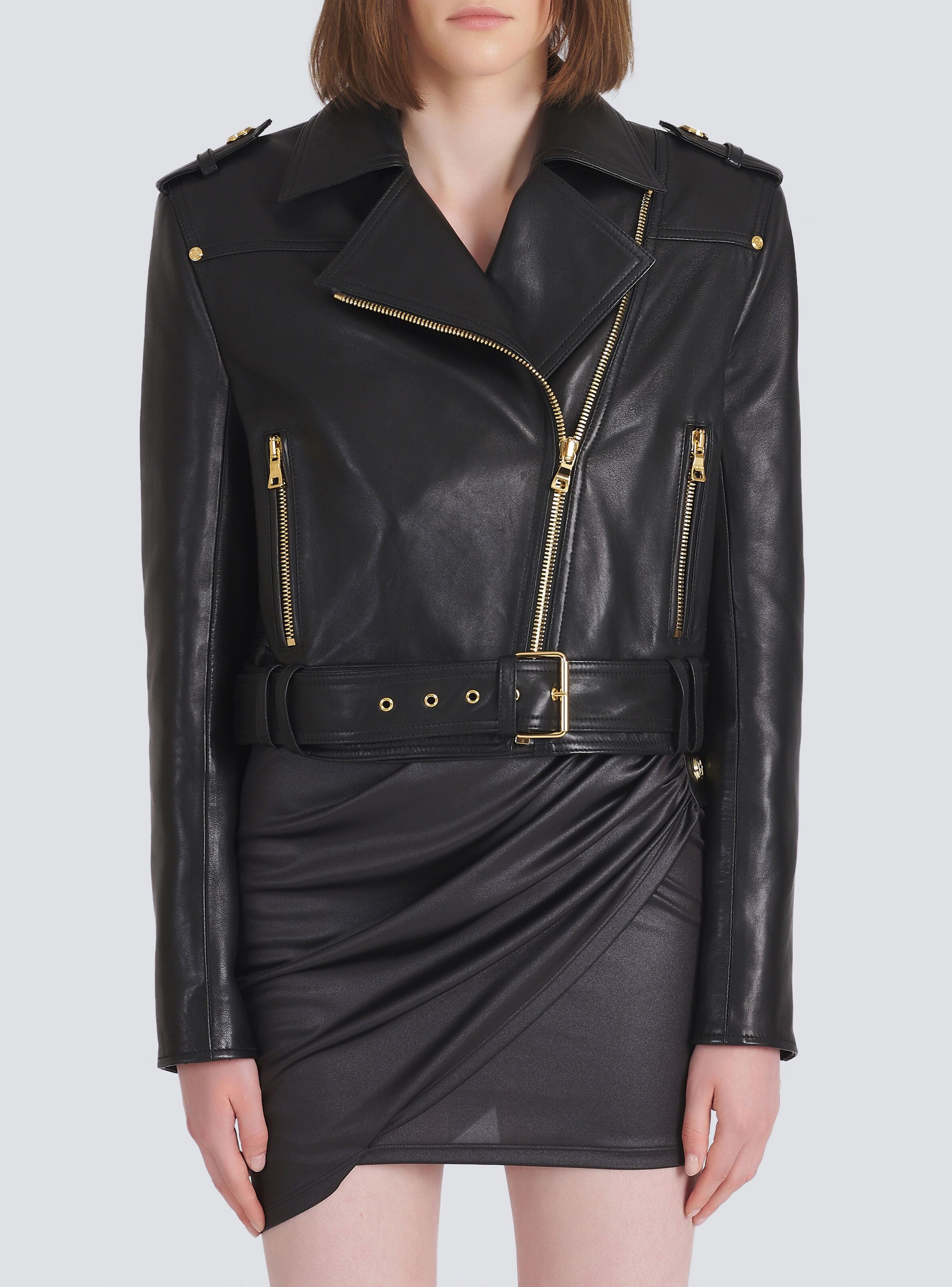 Balmain o1srvl11e1125 Short Leather Biker Jacket in Black Size XS / US 0-2 / IT 36-38 - 7 Thumbnail