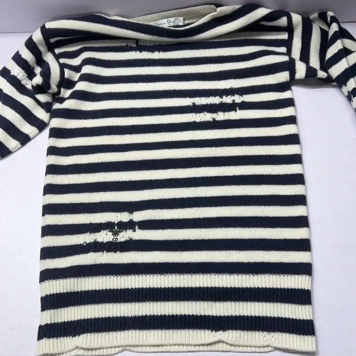 Dior Dior Striped Distressed Embroidered Logo Knit Sweater 0079- Size S / US 4 / IT 40 - 8 Thumbnail