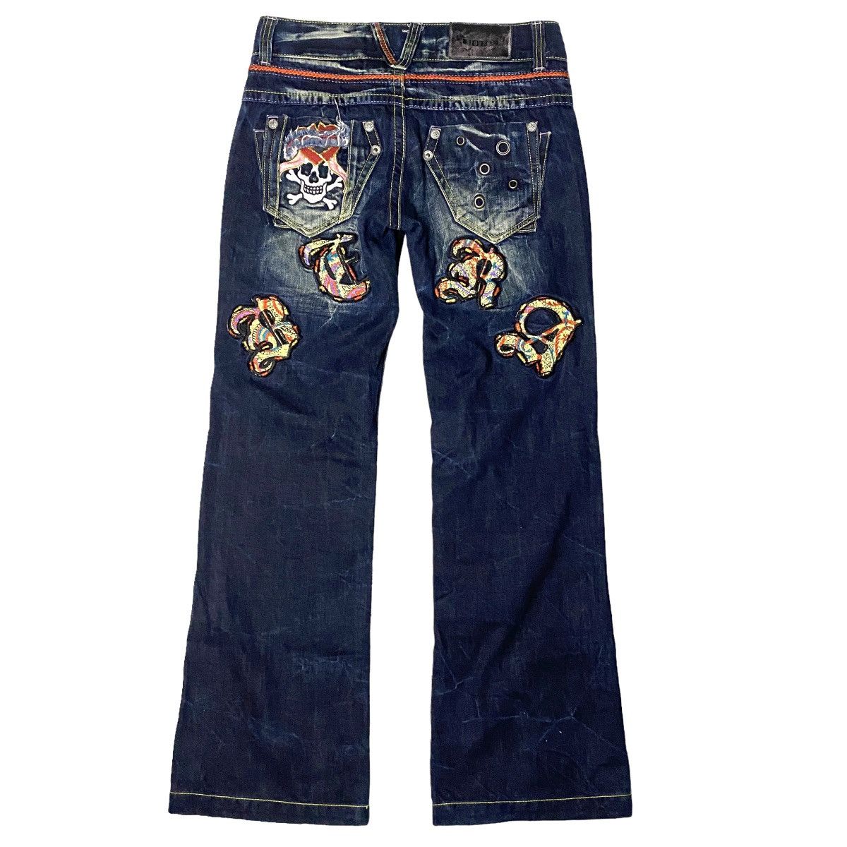 image of Beauty Beast x If Six Was Nine Flared Bootcut Studded Skull Patched Riobera Jeans in Denim (Size 30