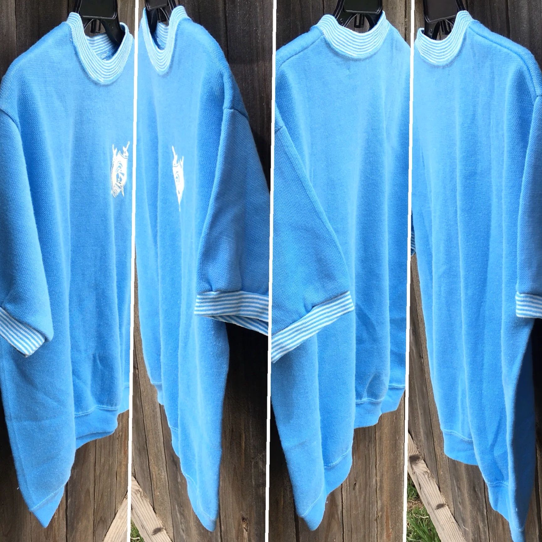 Vintage VINTAGE 1960s 1970s Creslan Acrylic Knit Short Sleeve Sweatshirt Knight Crest Rockabilly True Vintage Casuals Of Creslan L Blue Mens Shirt Size US L / EU 52-54 / 3 - 6 Thumbnail