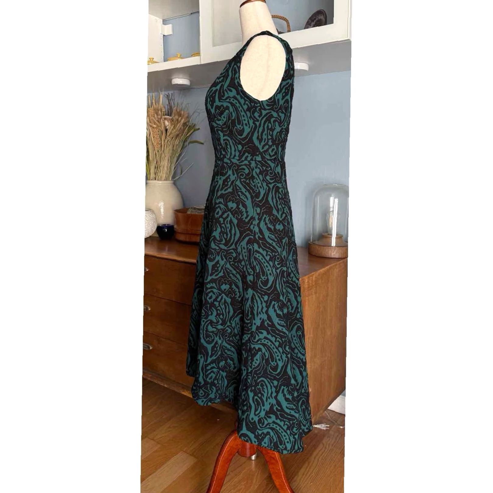 Vintage Catherine Malandrino Dress Jacquard Hi-Low Hem Midi Sleeveless V-Neck Zip Black Green Sz 2 Womens Size XS / US 0-2 / IT 36-38 - 3 Thumbnail