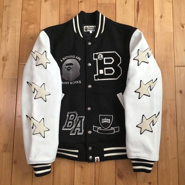 Leather Sleeve BAPE STA LOGO varsity jacket a bathing ape