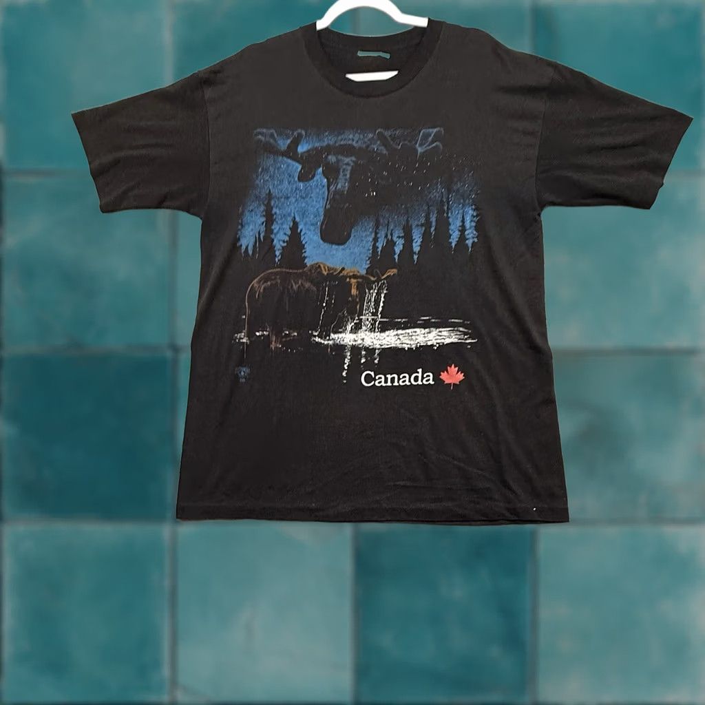 Vintage VINTAGE Moose Shirt 90s Canada Black Cotton Crew Neck Short Sleeve Men L Nature Shirt Size US L / EU 52-54 / 3 - 1 Thumbnail