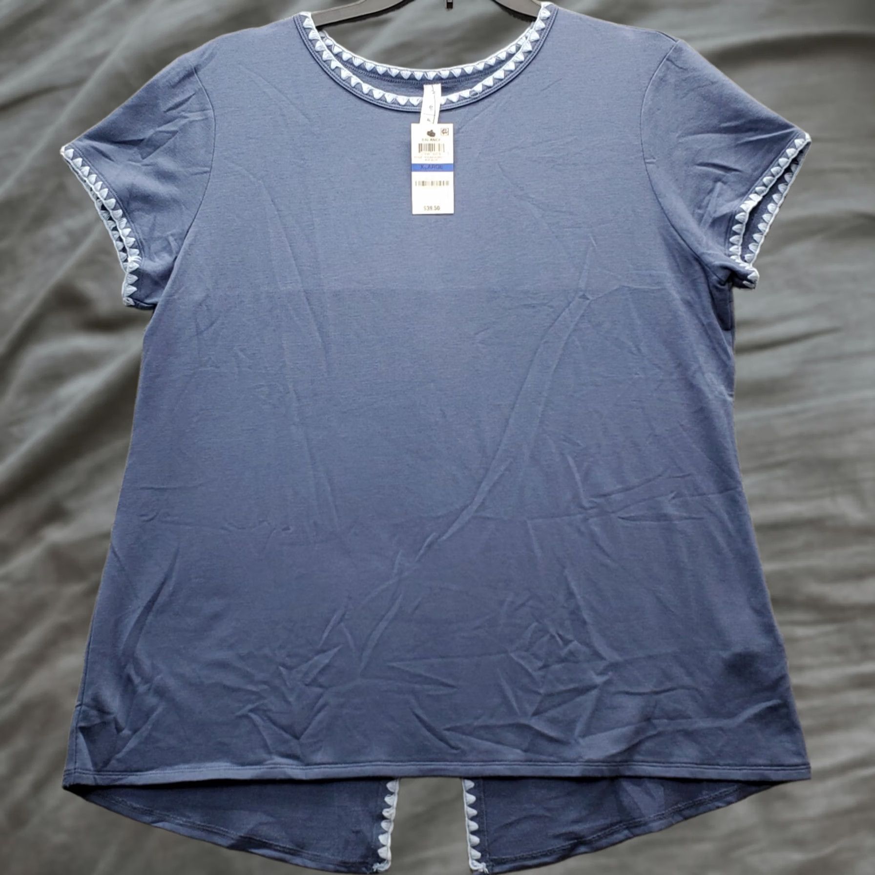 Vintage Ideology Blouse Women XL Blue Short Sleeve Pullover Slit Back Blanket Stitch Shirt Size XL / US 12-14 / IT 48-50 - 1 Thumbnail