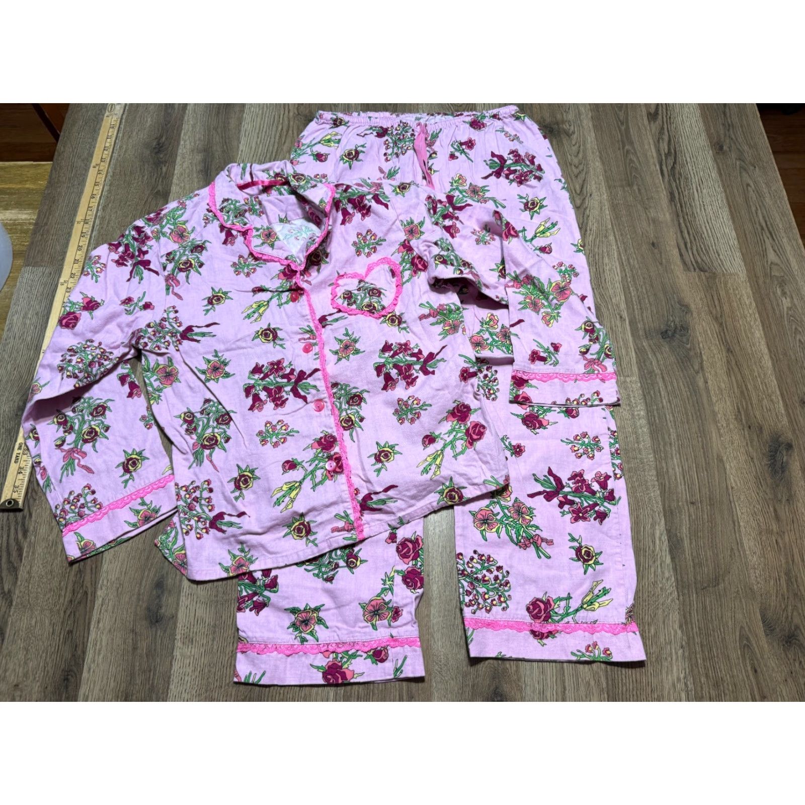 Vintage Sleepwear Set Women's Medium Pink Floral Long Sleeve Button Up & Pants Size M / US 6-8 / IT 42-44 - 2 Thumbnail