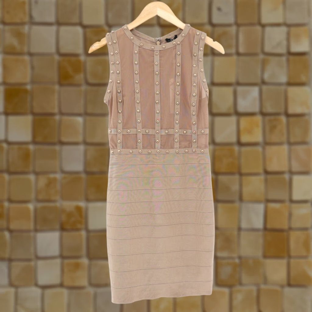 Vintage WOW Couture Bodycon Dress Beige Gold Studs Bandage Cocktail Party Sand L NWT Women Size L / US 10 / IT 46 - 1 Thumbnail
