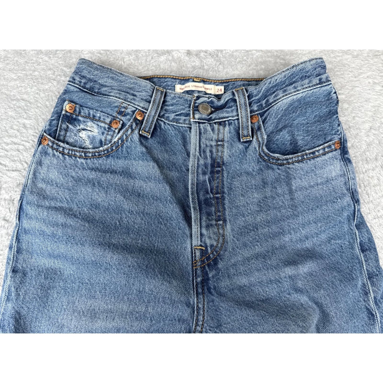 Levi's Levis Ribcage Straight Ankle Jeans Womens 24 Blue Distressed High Rise 24x26 Size 42" / US 20 - 4 Thumbnail