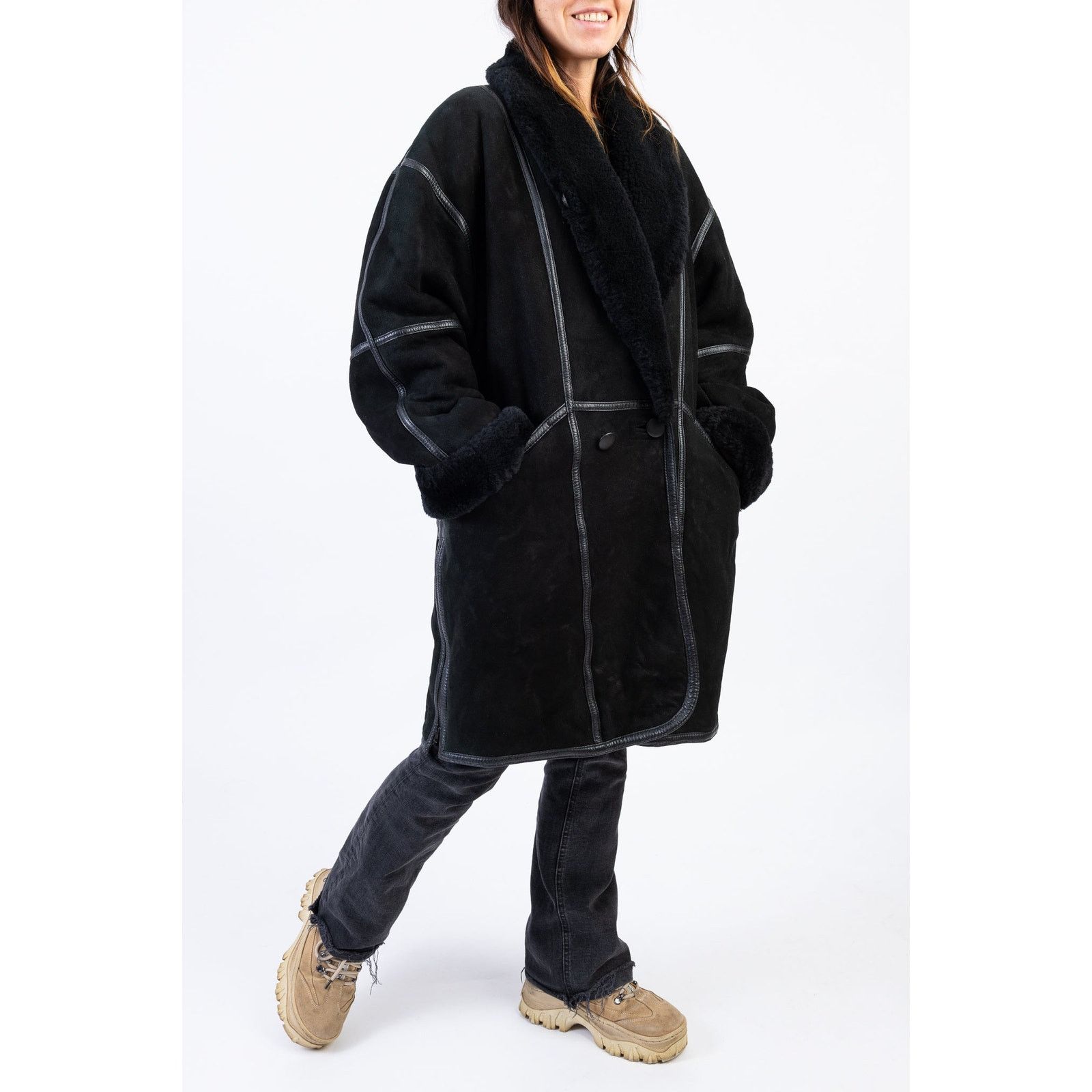 Hide Society Canada Black Midi Shearling Coat Shawl Collar L