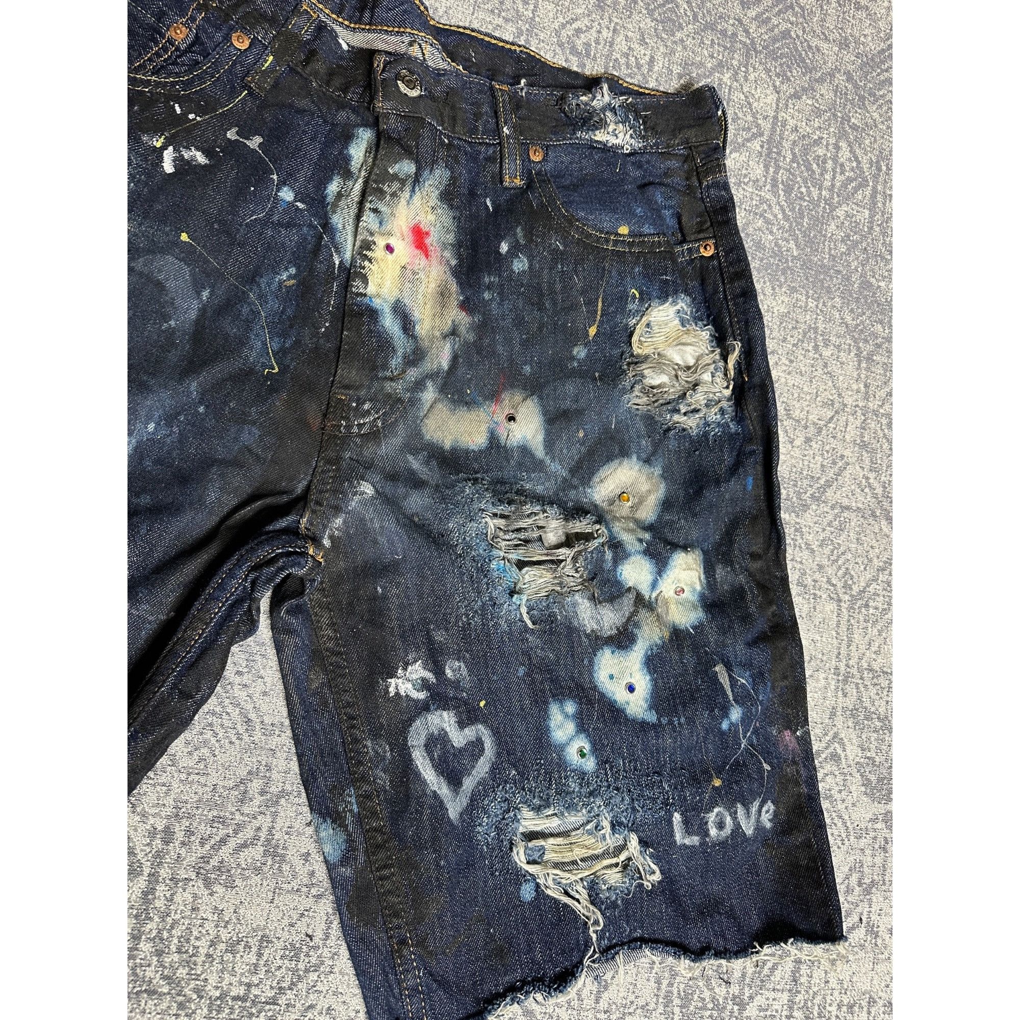 Levi's Custom Reworked Embellished Bleached Distressed Paint Staine Size US 33 - 3 Thumbnail
