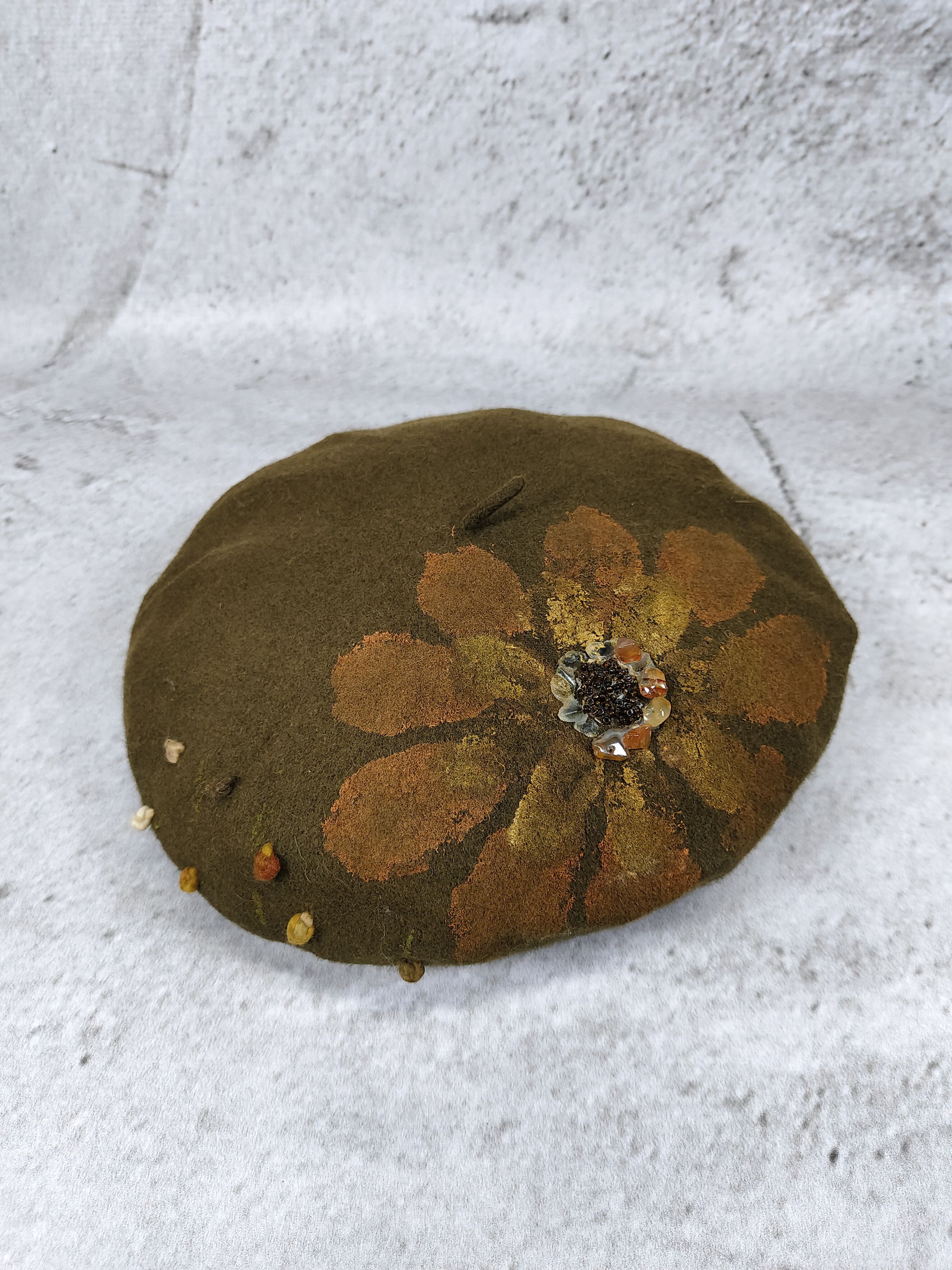 Vintage 90s COMPLIT🇮🇹 Hand Painted Floral Beaded Artisan Beret Hat Size ONE SIZE - 5 Thumbnail