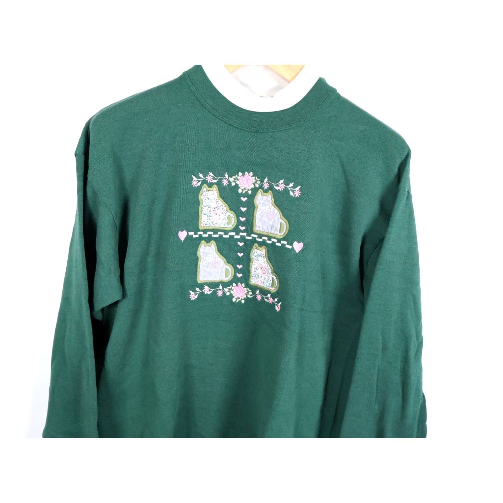 Vintage VINTAGE 90s Flower Cat Sweatshirt Women Large Green Embroidered Mock Neck VTG Grandma Size L / US 10 / IT 46 - 4 Thumbnail