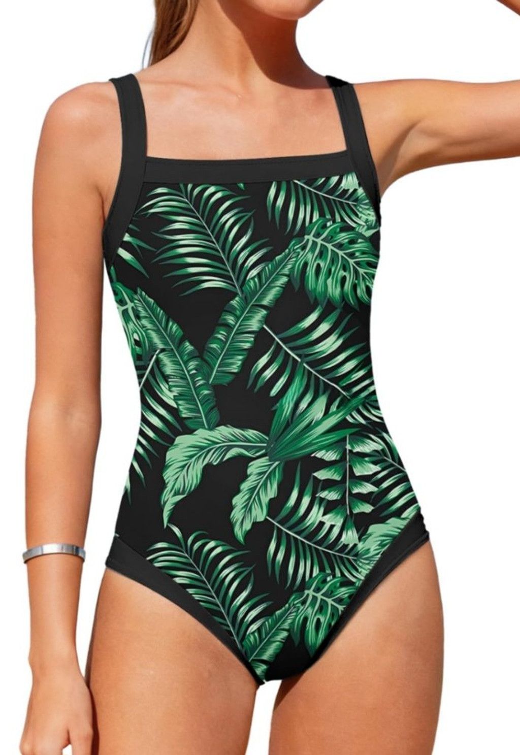 Other Juniors One Piece Swimsuit with cover L Black Green Tropical Size ONE SIZE - 1 Thumbnail