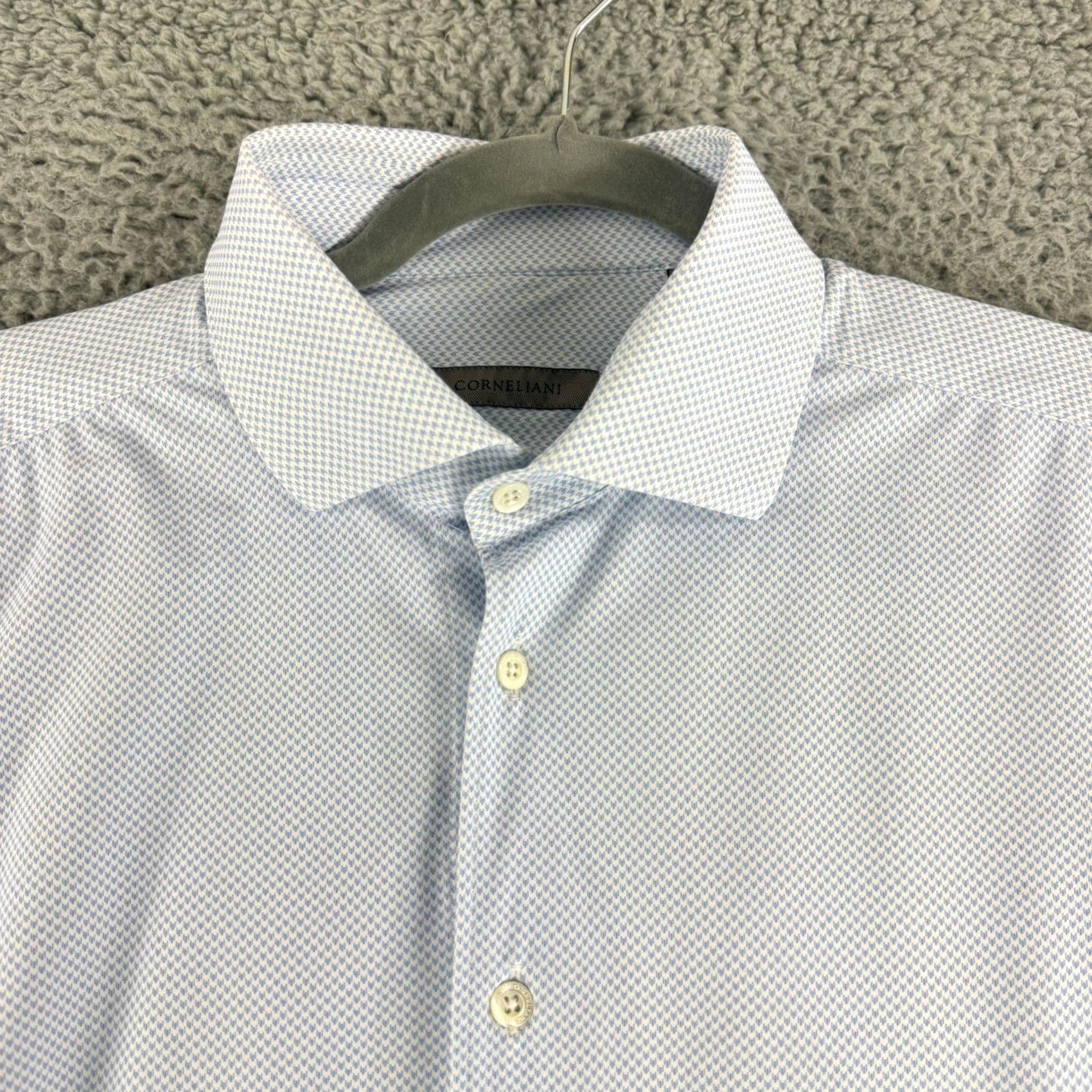 Corneliani Corneliani Button-Up Shirt Mens XL Blue White Micro Pattern Stretch 86-P178 Geometric Classic City Designer Business Casual Travel Party/Cocktail Size US XL / EU 56 / 4 - 2 Thumbnail