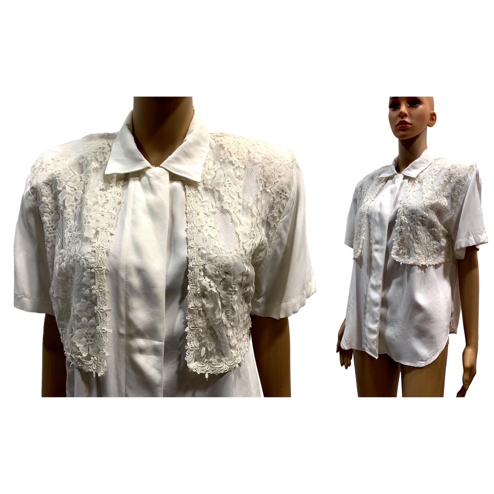Vintage 80s White Short Sleeve Romantic Blouse w Lace Vest / Shrug Size S / US 4 / IT 40 - 9 Thumbnail