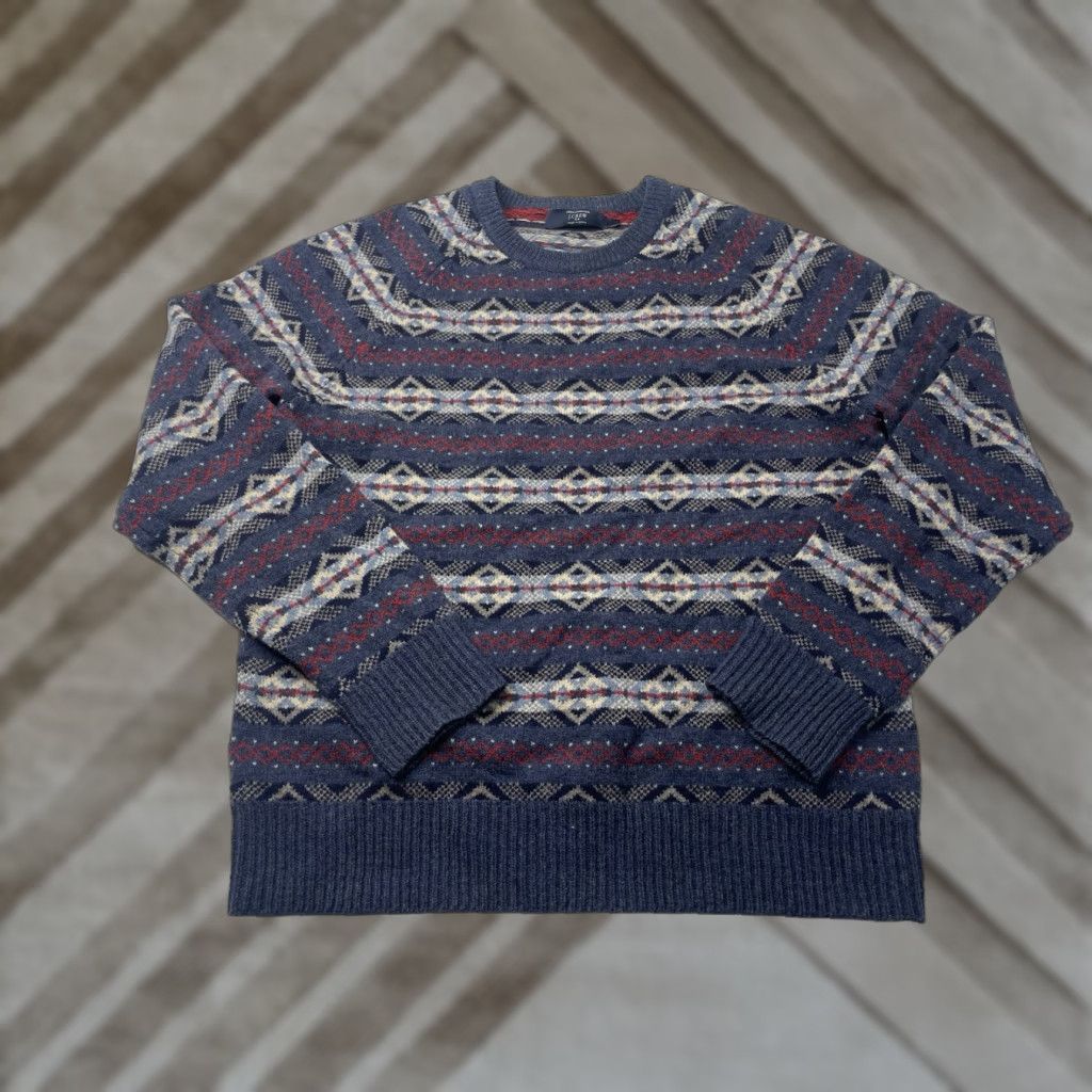 J.Crew VINTAGE J.CREW Sweater Crew Neck Long Sleeve Pullover Blue 100% Lambswool Classic L Mens Fair Isle Knit Nordic Fall Winter Skiing Size US L / EU 52-54 / 3 - 1 Thumbnail